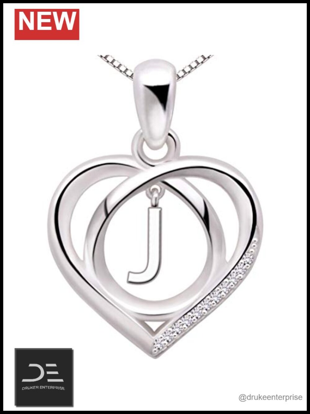 Sterling Silver Initial J Love Heart Cubic Zirconia Pendant Necklace